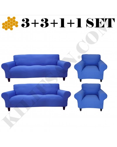 APT-08 Bal Peteği Streç  Koltuk Kılıfı Takımı ( 3+3+1+1 Set ) Mavi Renk